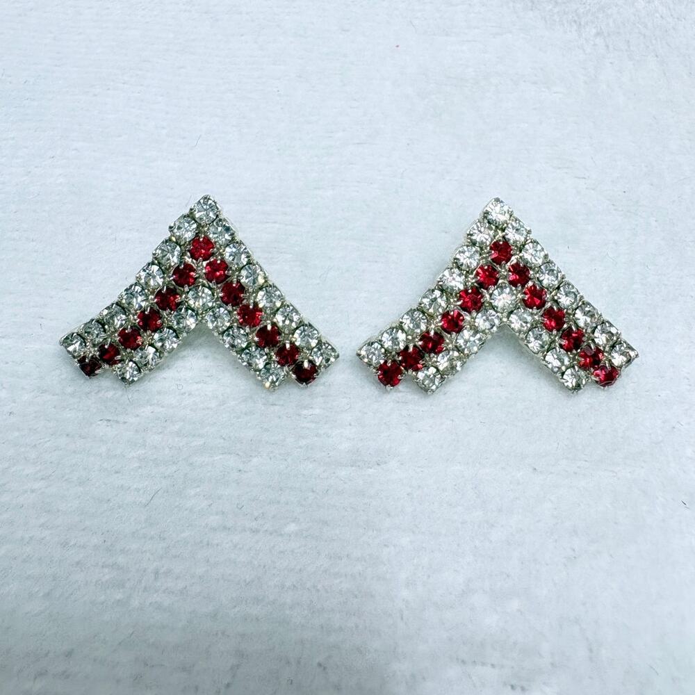 Vintage Rhinestone Chevron Earrings | Clear & Red Stones | 1960s–70s Pierced